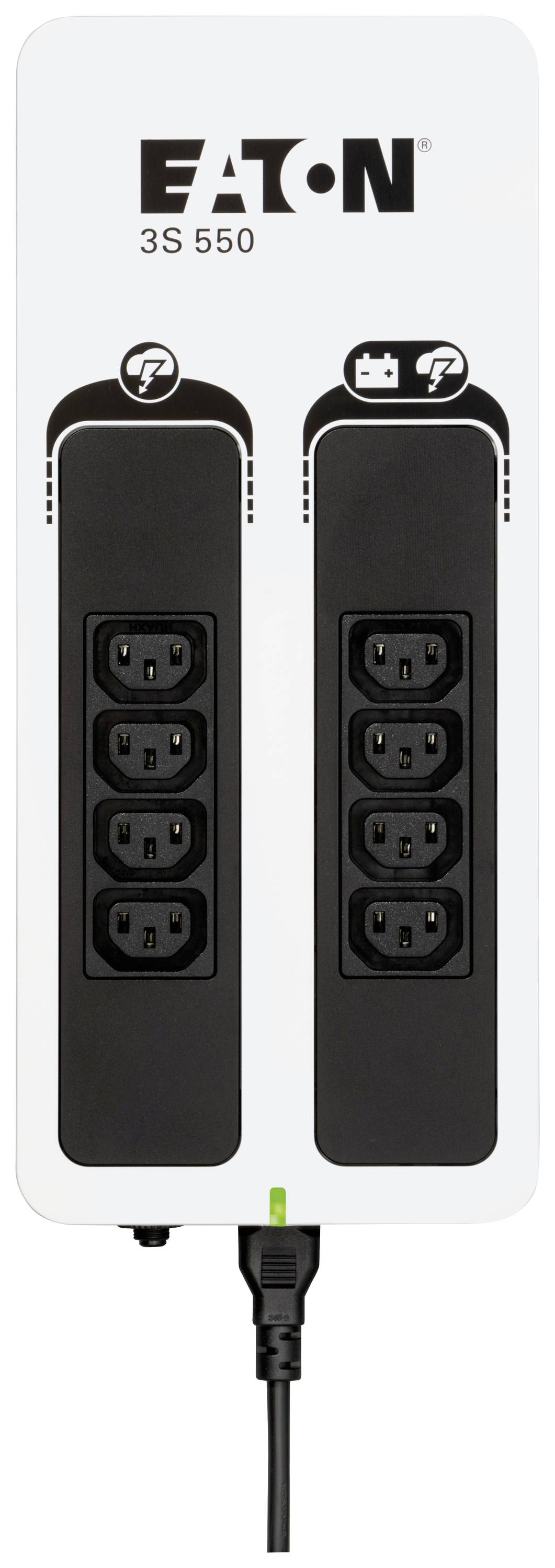 Eine weiße Eaton 3S 550 USV mit zwei schwarzen Steckdosenleisten, jeweils mit drei Steckplätzen, und einem Netzteilkabel.
