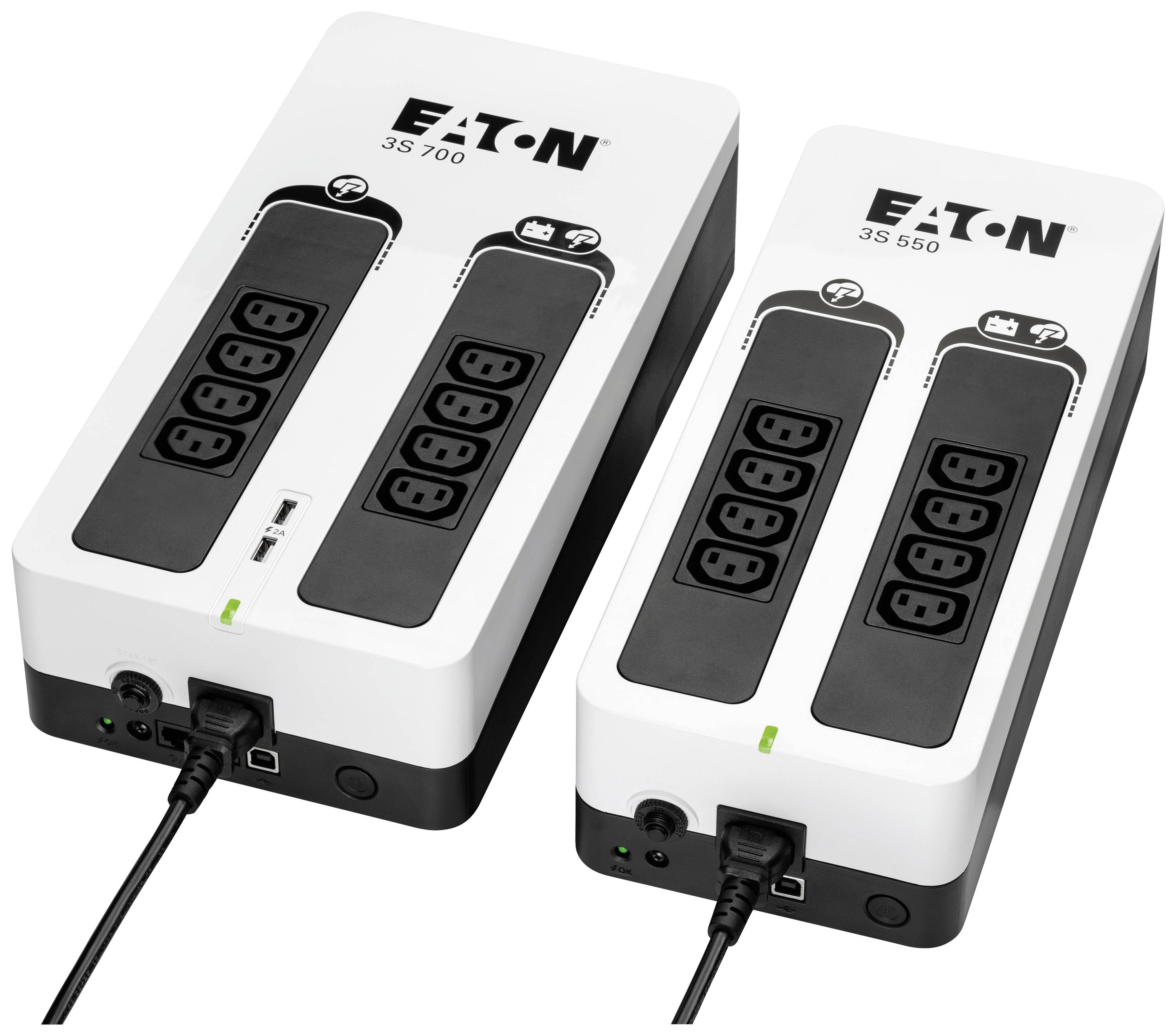 Zwei USV-Geräte von Eaton, Modelle 3S 700 und 3S 550, mit mehreren Steckplätzen zur Stromversorgung und einem Anschlusskabel.