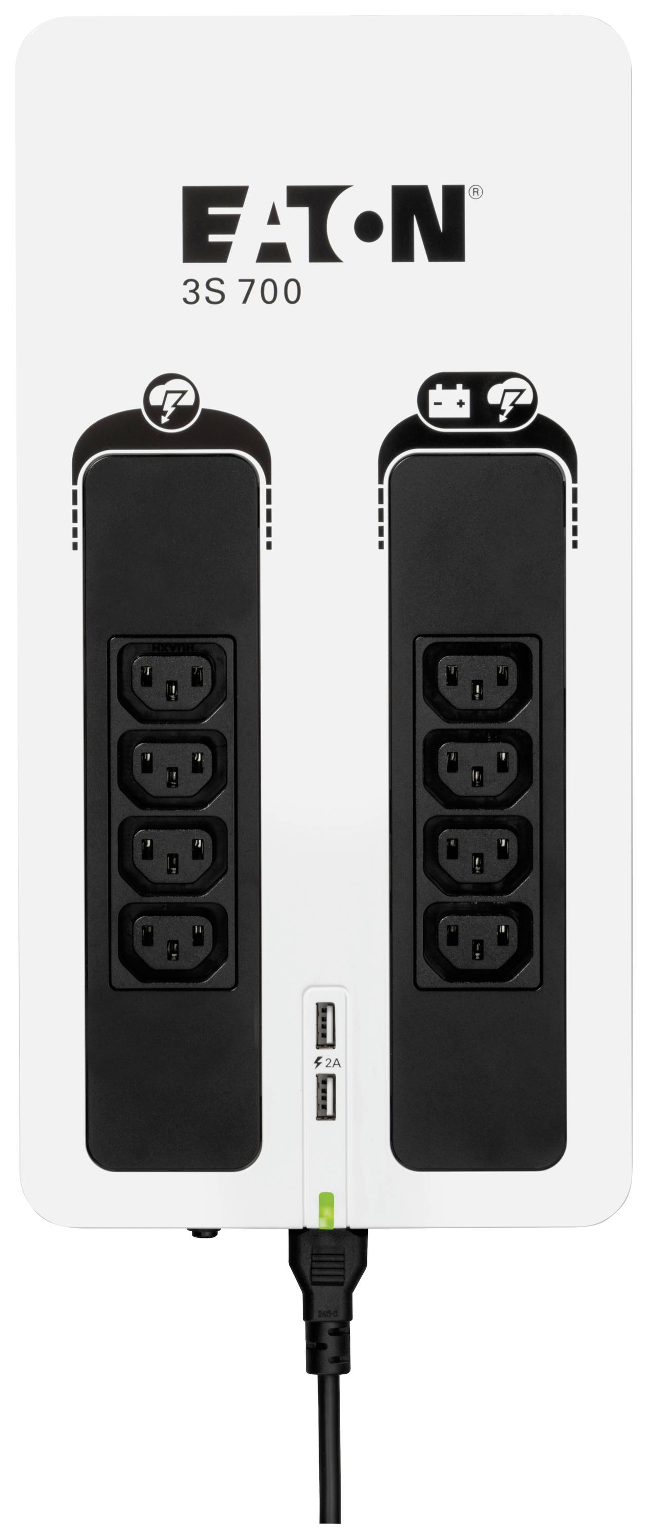 Das Bild zeigt eine USV-Anlage des Typs 'Eaton 3S 700' mit zwei Reihen von Steckdosen und einem USB-Anschluss an der Vorderseite.