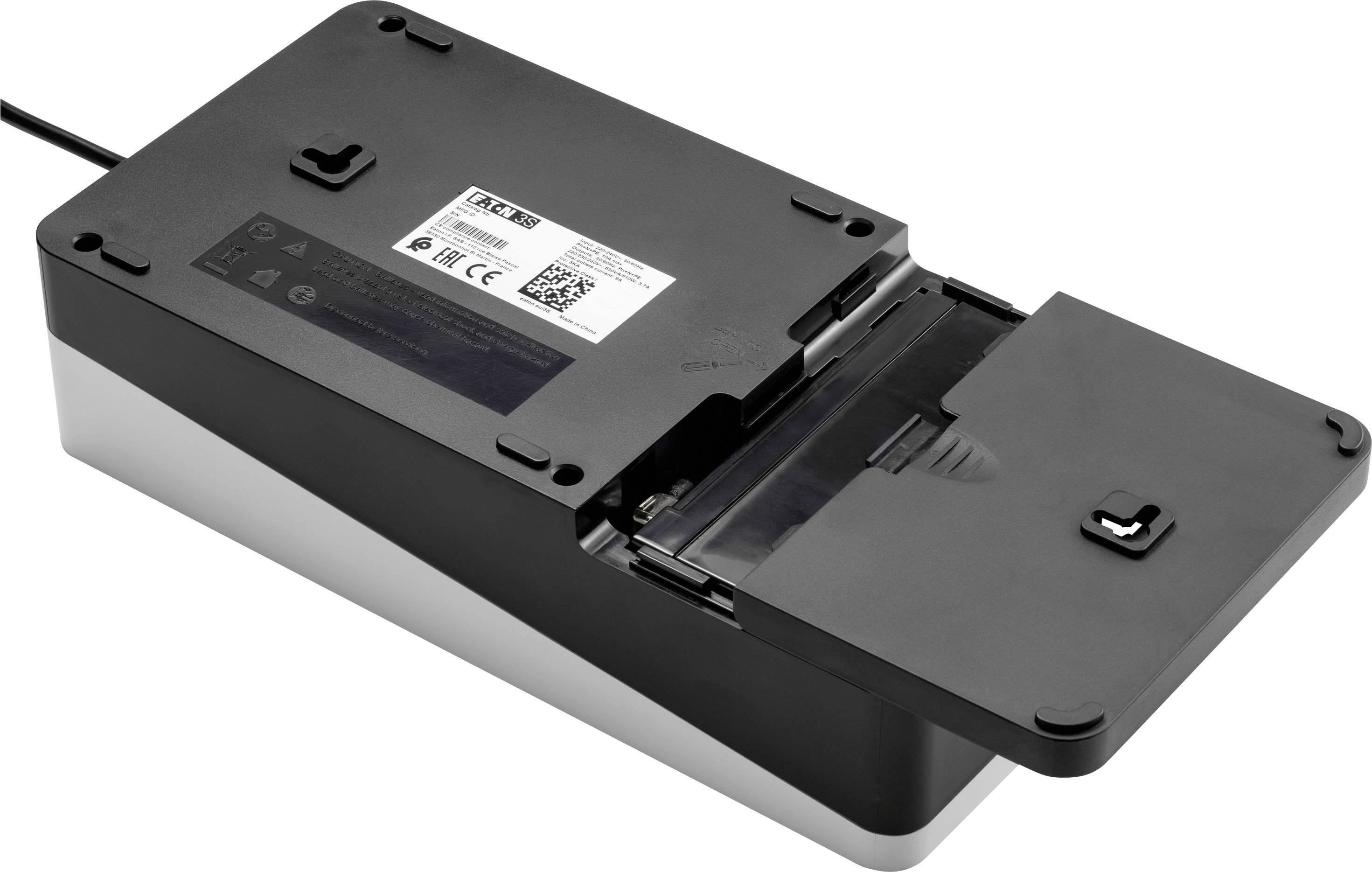 Schwarzes elektronisches Gerät mit Kabelanschluss und abnehmbarem Deckel. Offene Klappe zeigt Innenraum.