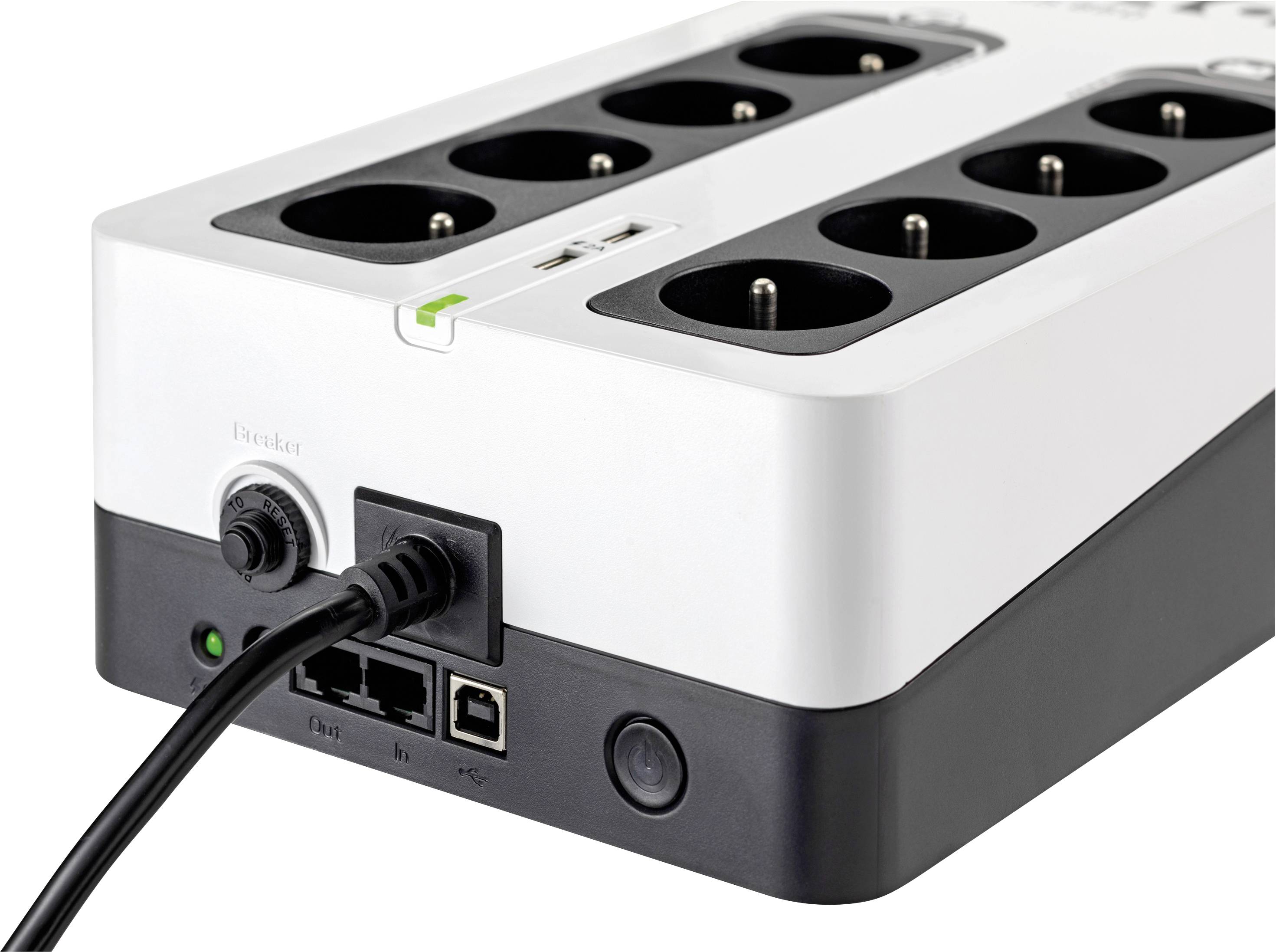 Weiße mehrfache Steckdosenleiste mit schwarzem Boden, zwei Ethernet-Anschlüsse, ein USB-Anschluss und mehrere Steckdosenplätze.