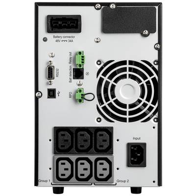 Rückseite eines USV-Geräts mit Batteriekonnektor, Lüfter, Anschlussbuchsen und Schaltern.