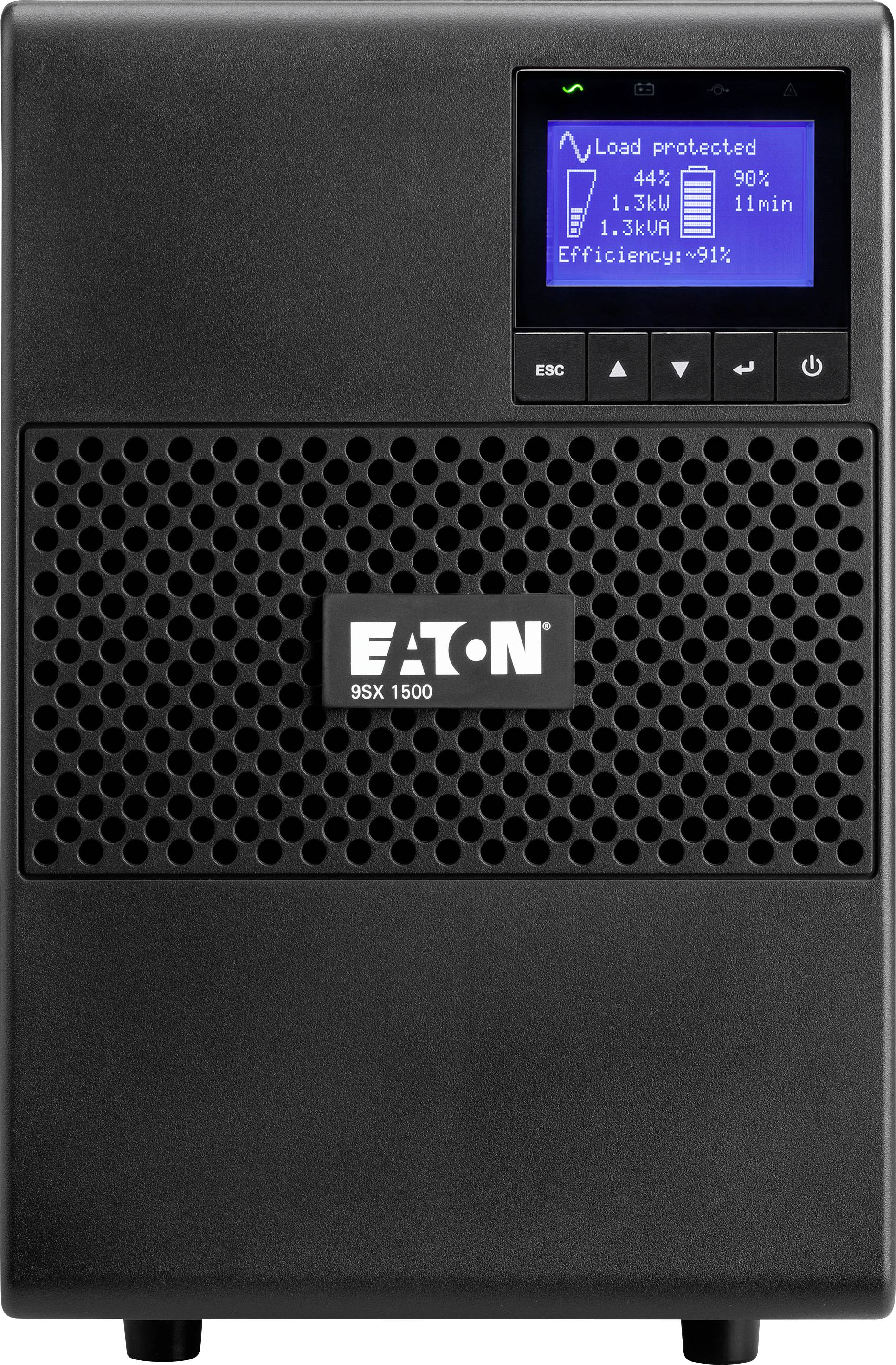 Ein schwarzes Eaton 9SX 1500 USV-Gerät mit digitalem Display auf der Vorderseite zeigt 'Load protected, 74%, 90%' an.