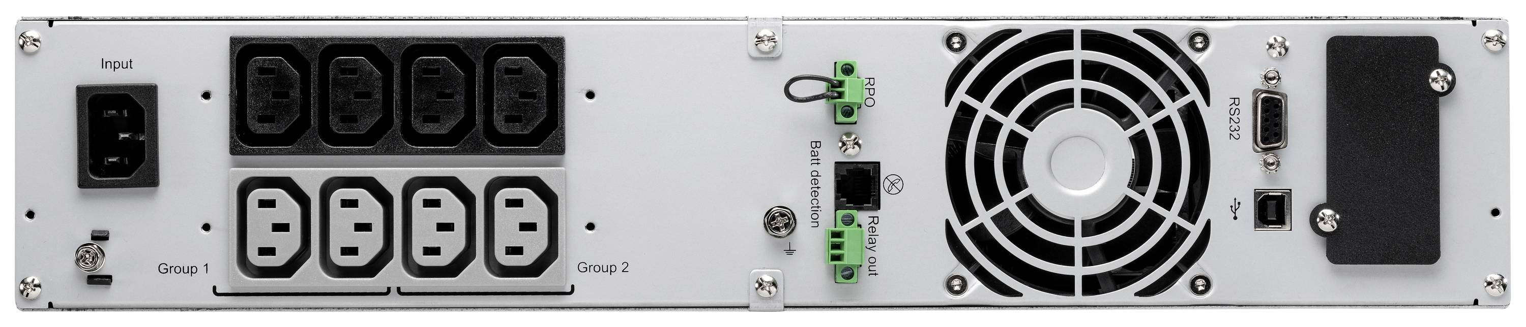 Rückseite eines Elektronikgeräts mit mehreren Steckdosen, Lüfter, Anschlüssen und Gruppenschaltern.