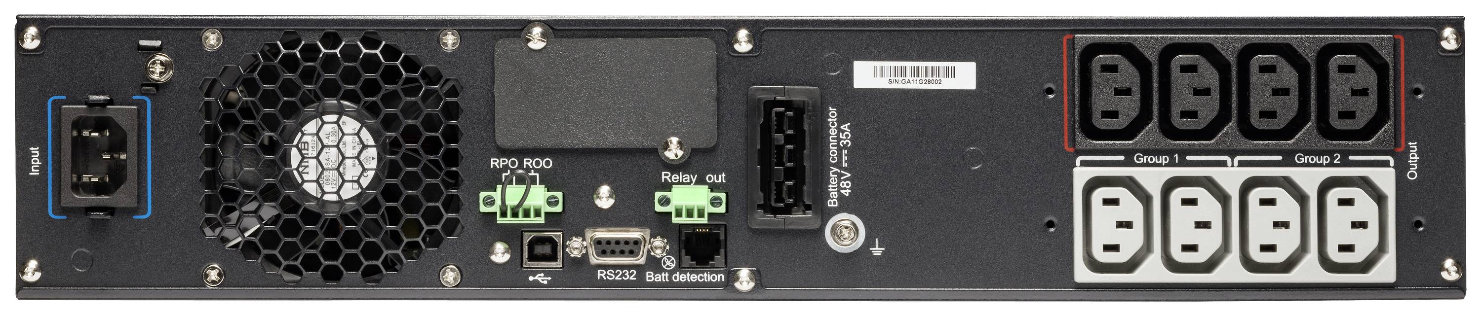 Rückseite eines Servers mit Lüfter, Stromanschluss (blau markiert), Schnittstellen und Gruppen von Ausgängen (rot markiert).