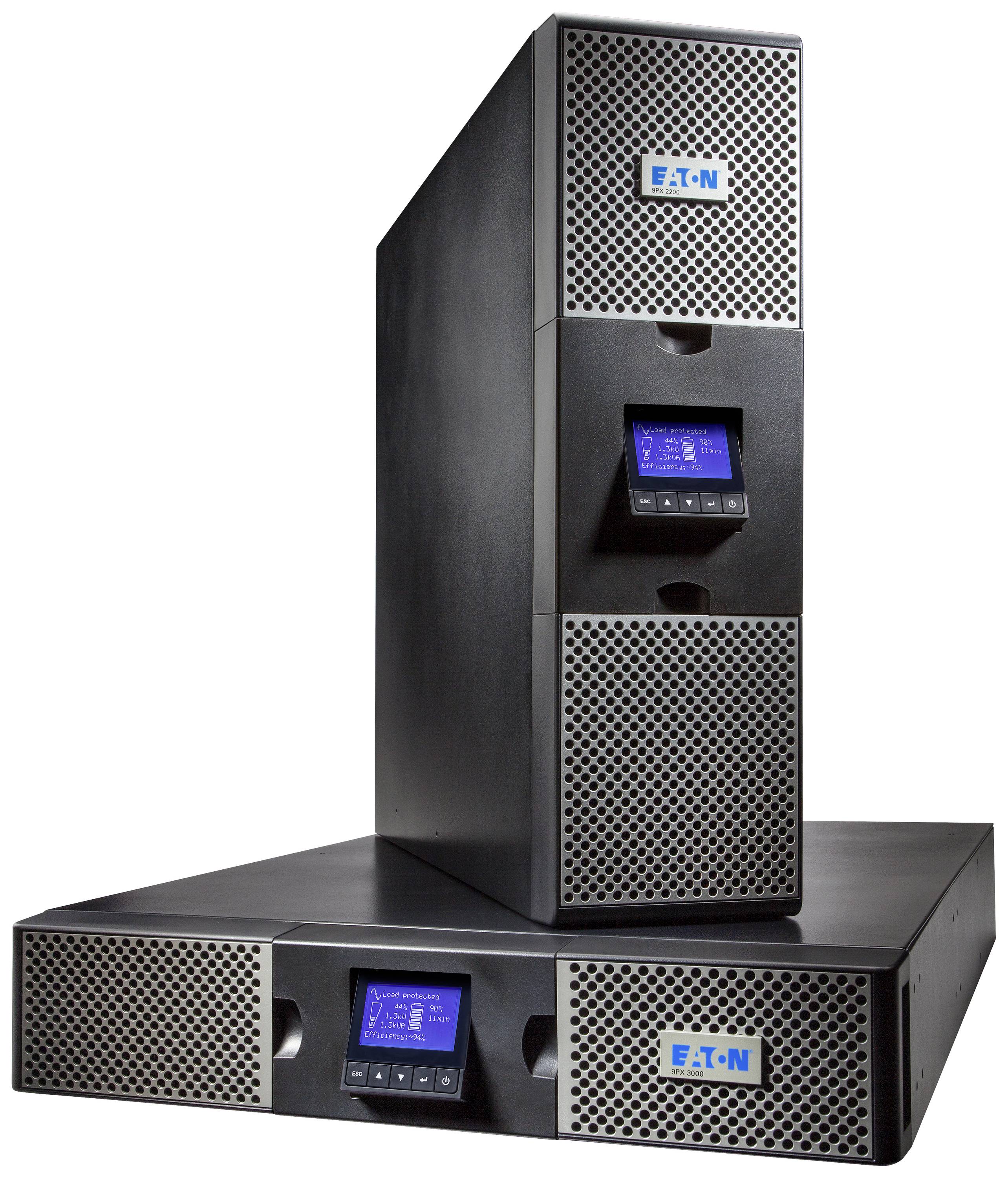 'Zwei schwarze Servergehäuse von EATON mit Lüftungsgittern und blauen Displays, eines stehend, das andere liegend, auf weißem Hintergrund.'