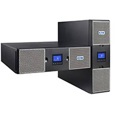 Schwarzes Servergehäuse mit blauen, leuchtenden Displays und Lüftungsgittern, dargestellt in horizontaler und vertikaler Position.
