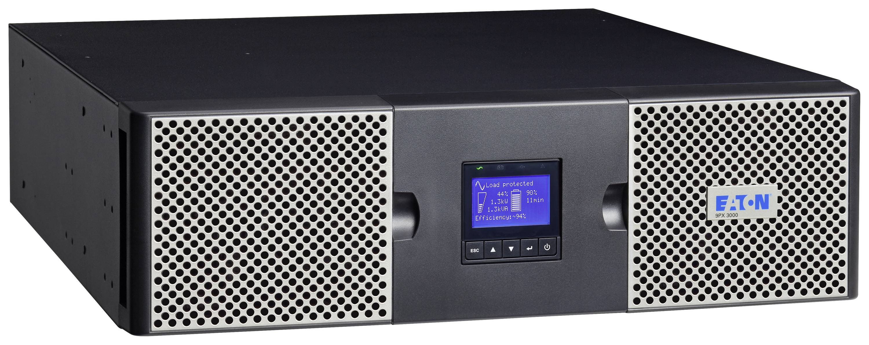 Schwarze unterbrechungsfreie Stromversorgung (USV) von Eaton mit digitalem Display in der Mitte und Lüftungsgittern an den Seiten.