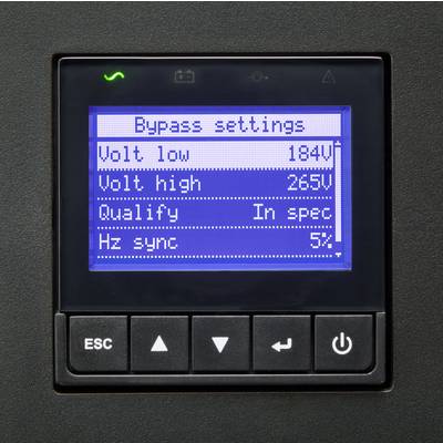 Display eines elektronischen Geräts mit der Anzeige 'Bypass settings': Niedrige Spannung bei 184V, hohe Spannung 265V, Qualifizierung 'In spec', Niveau Hz-Synchronisation 5%.