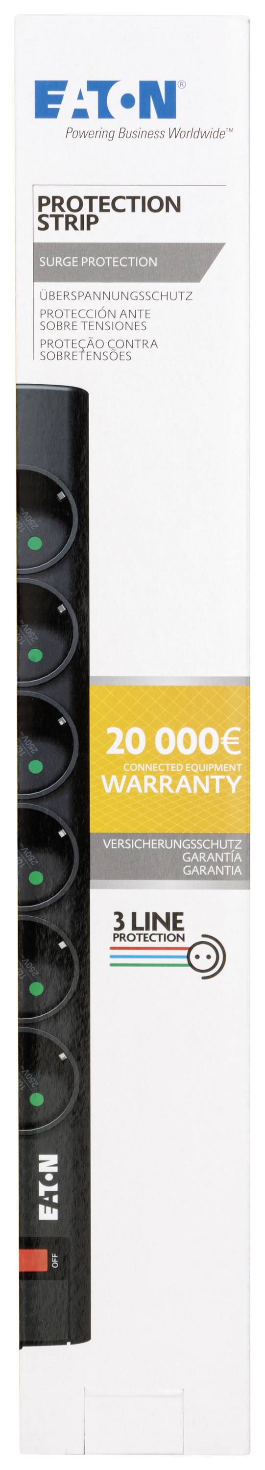 Steckdosenleiste von Eaton mit fünf Steckplätzen und Überspannungsschutz, beworben mit einer Garantie von 20.000EUR.