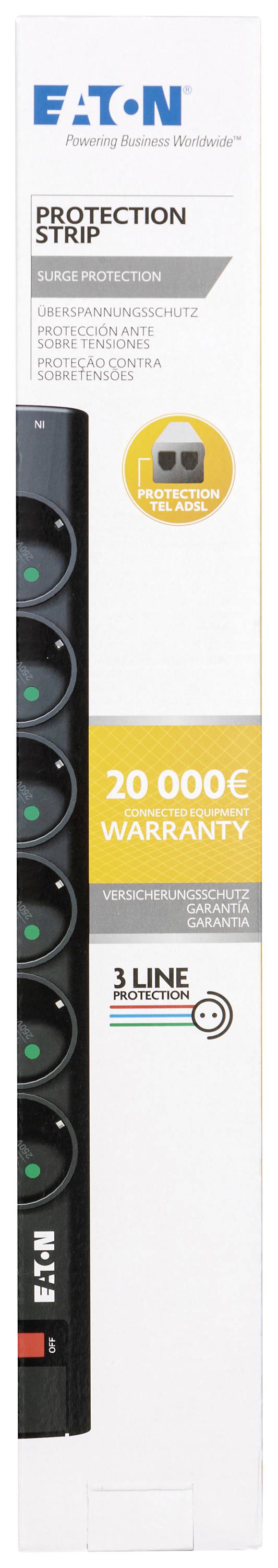Eine Steckdosenleiste der Marke Eaton mit Überspannungsschutz, fünf Steckplätzen, 20.000EUR Garantie und 3-Leiter-Schutzsymbol.