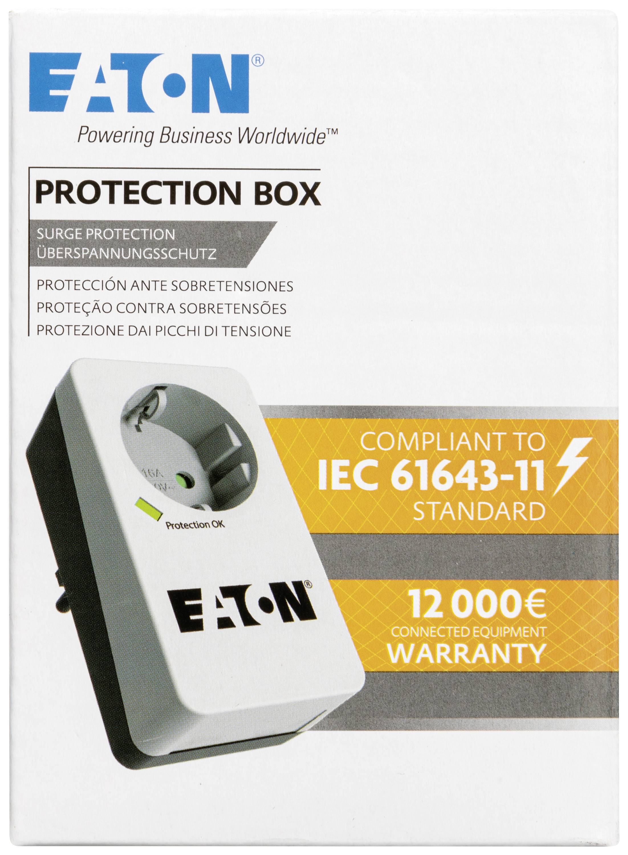 'Schutzsteckdose von Eaton für Überspannungsschutz mit IEC 61643-11 Standard. 12.000 EUR Gerätegarantie. Markenlogo oben links.'