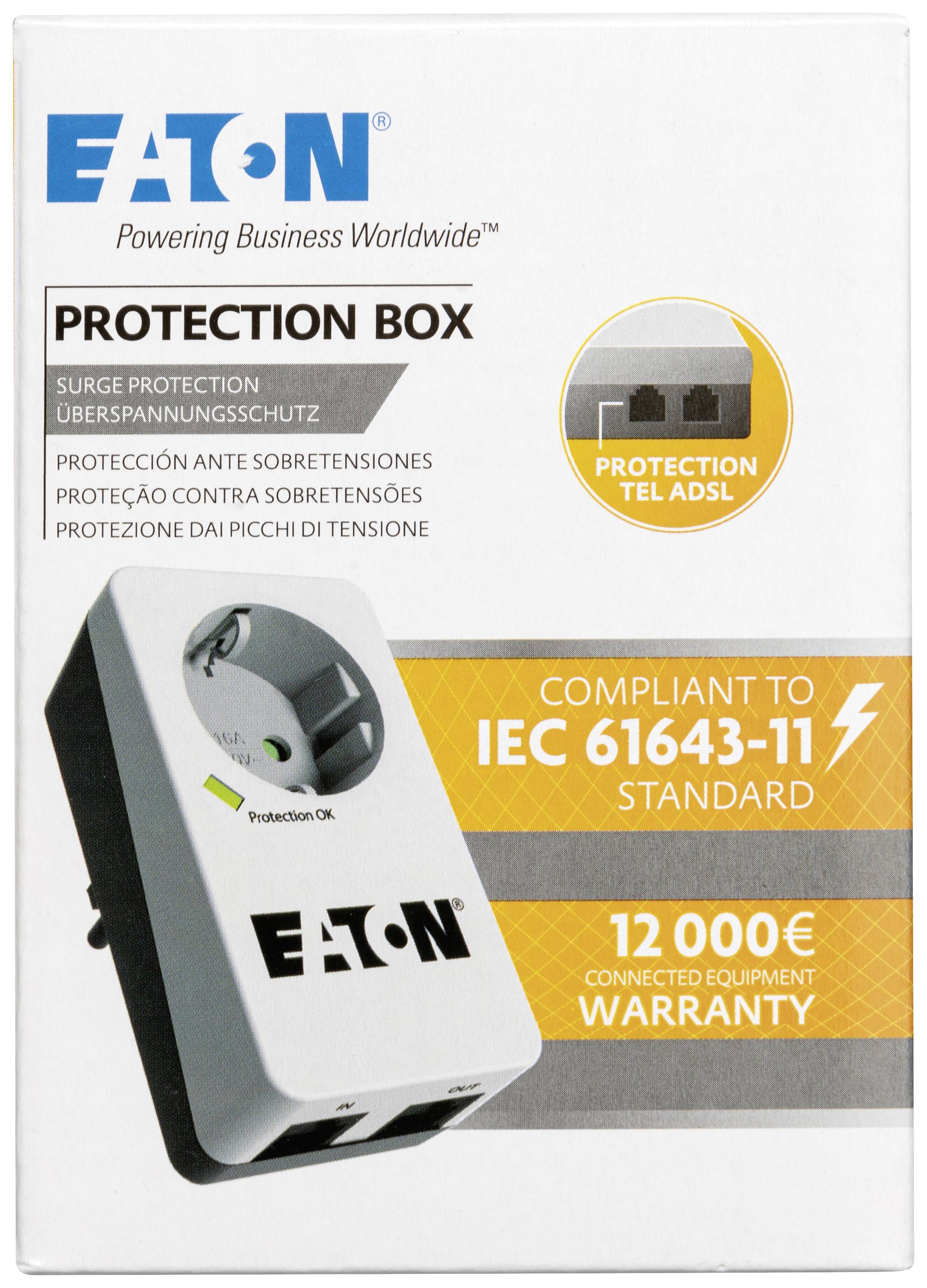 'Schutzbox für Überspannungsschutz mit TAE- und DSL-Anschluss. Entspricht IEC 61643-11 Standard. Garantie für Geräte bis zu 12.000 EUR.'
