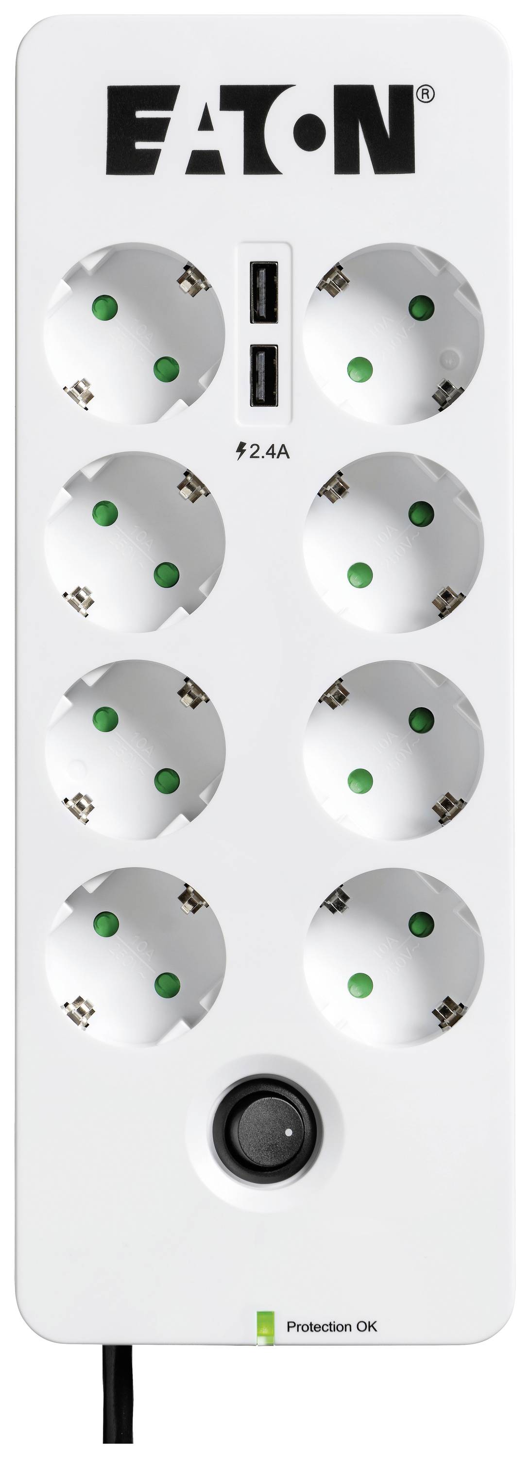 'Weiße Eaton-Steckdosenleiste mit acht Steckdosen und zwei USB-Anschlüssen. Auf der Oberseite befindet sich der Schriftzug "Eaton".'