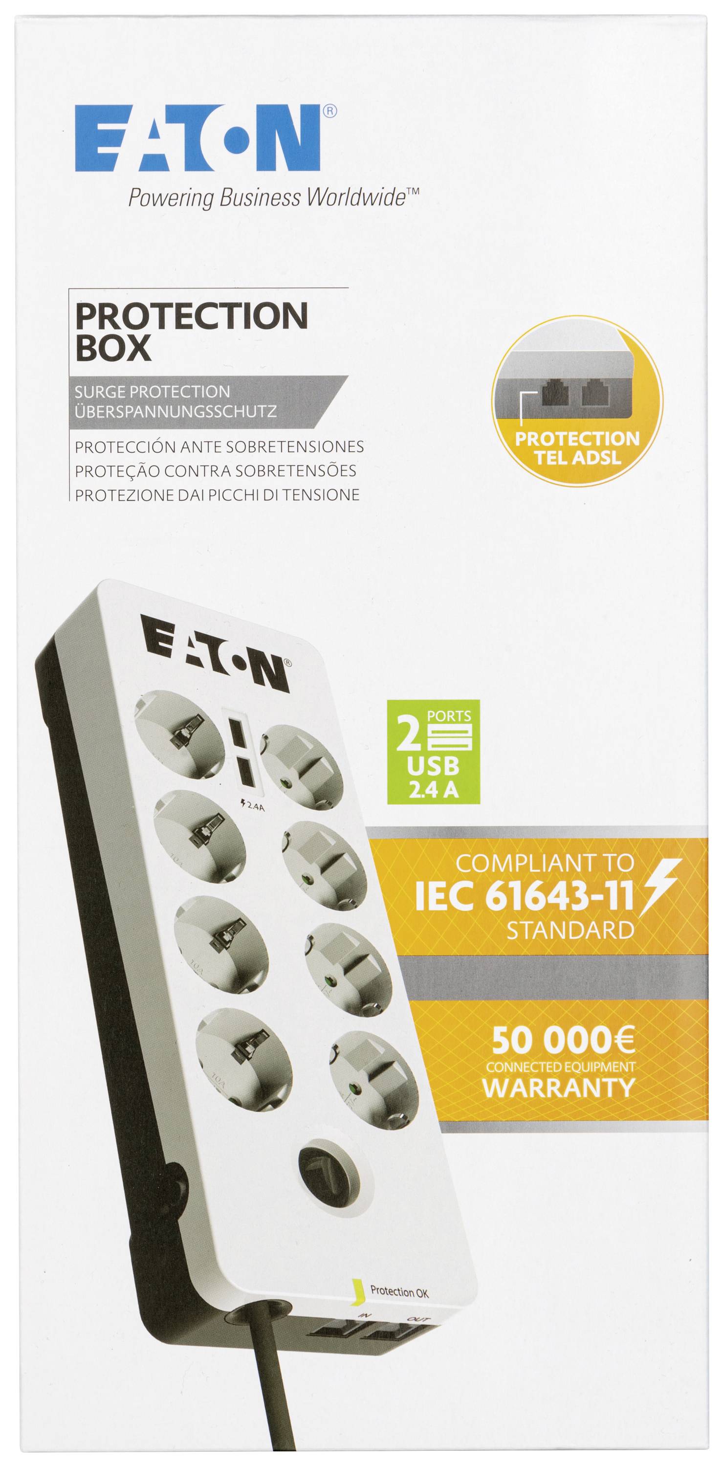 Steckdosenleiste von Eaton mit Überspannungsschutz, 6 Steckplätzen, 2 USB-Anschlüssen, 50.000 EUR Garantie.
