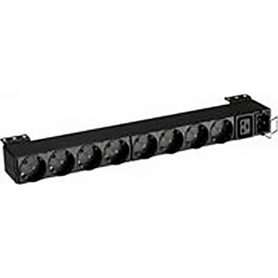 Eine schwarze Steckdosenleiste mit acht runden Steckdosen und einem Ein-/Ausschalter, geeignet für Server- oder Netzwerk-Racks.