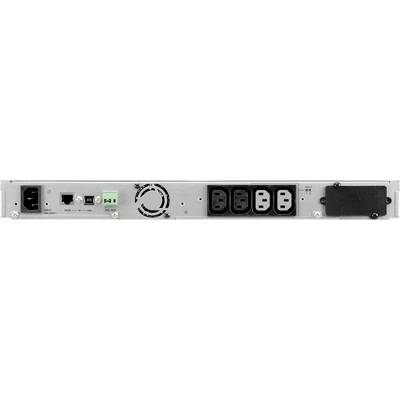 Rückseite eines elektronischen Geräts mit verschiedenen Anschlüssen und Steckdosen. Links sind Netzwerk- und Stromanschlüsse sichtbar.