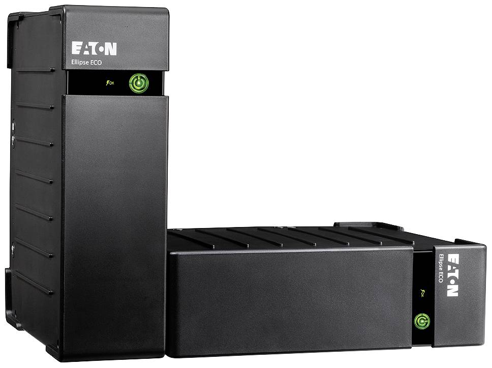 Zwei uninterruptible Stromversorgungen der Marke Eaton, Modell Ellipse ECO, schwarz, mit grünem Ein-/Ausschaltknopf, rechteckiges Design.