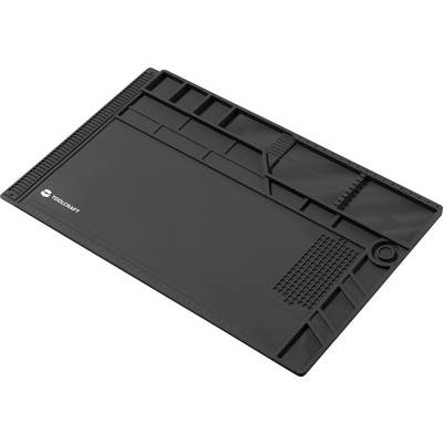 Schwarze, hitzebeständige Silikonmatte mit mehreren Fächern und Rasterlinien, ideal für Lötarbeiten und Elektronikreparaturen.