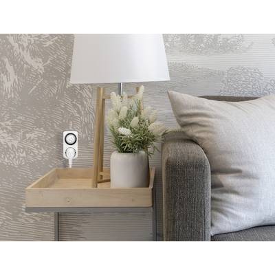 Eine Tischlampe und eine Vase mit weißen Blumen stehen auf einem Holztisch neben einem grauen Sofa. An der Wand ist eine Zeitschaltuhr in der Steckdose.