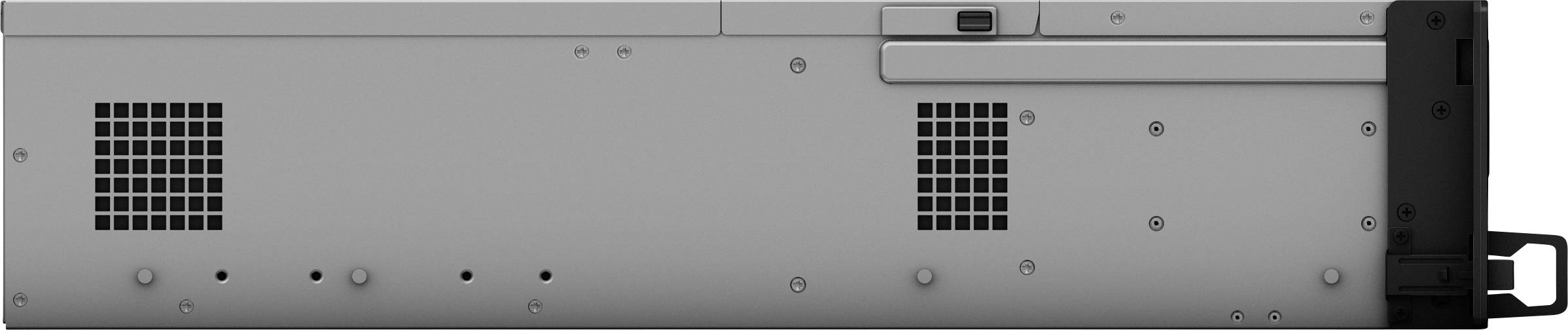 Rückansicht eines elektronischen Geräts mit Lüftungsschlitzen und Griff. Design für funktionale Nutzung in technischer Umgebung.