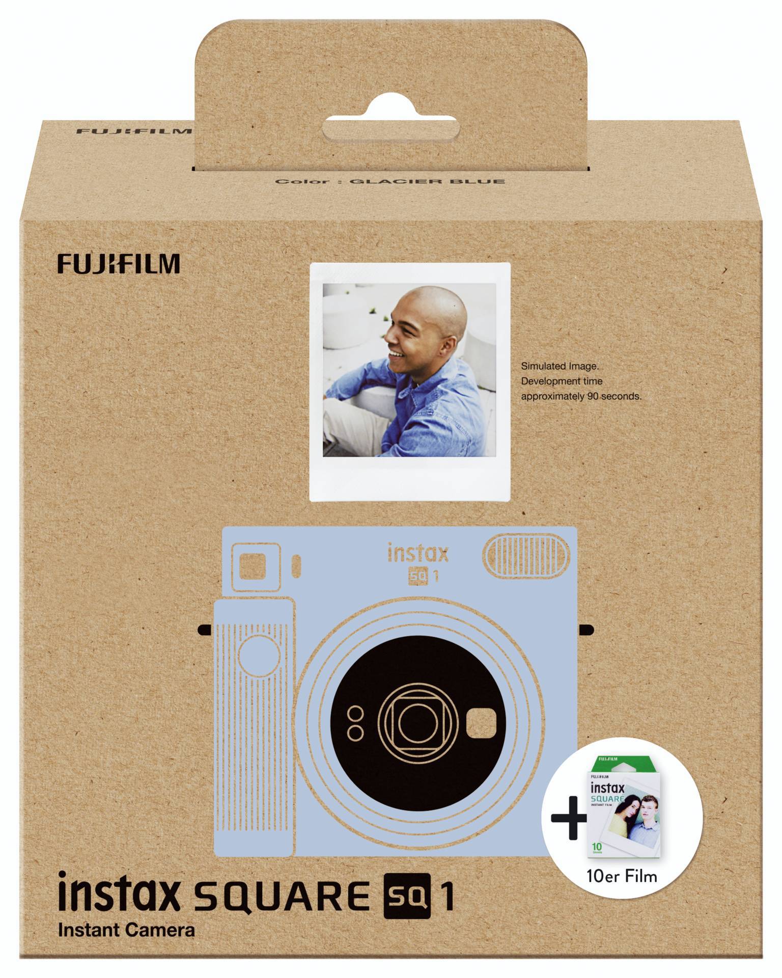 Fujifilm Instax Square SQ1 Kameraverpackung in Blau, zeigt das Design der Sofortbildkamera und ein Beispielbild oben.