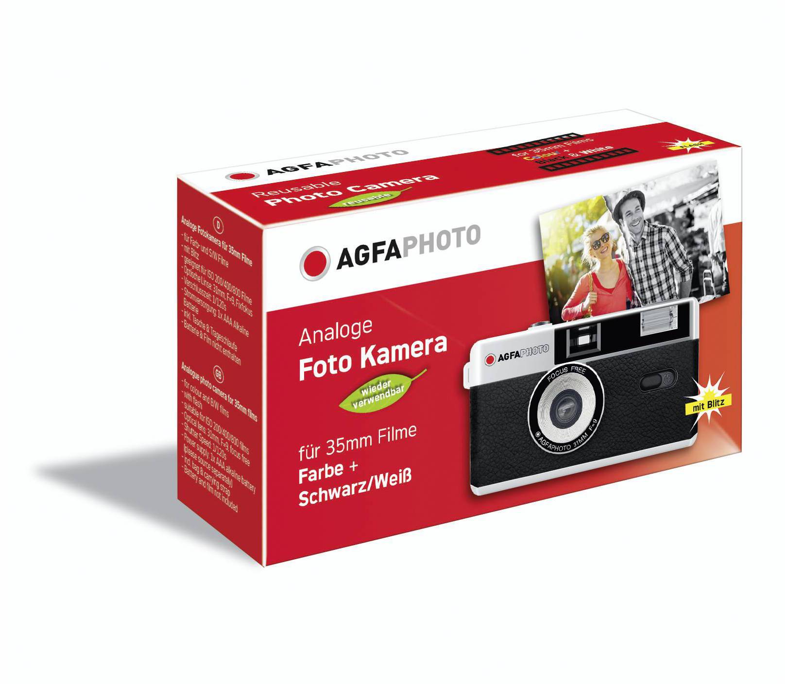 Verpackung einer AgfaPhoto analogen Kamera, geeignet für 35mm Film, in Farbe und Schwarz/Weiß. Bild zeigt Paar mit Foto.