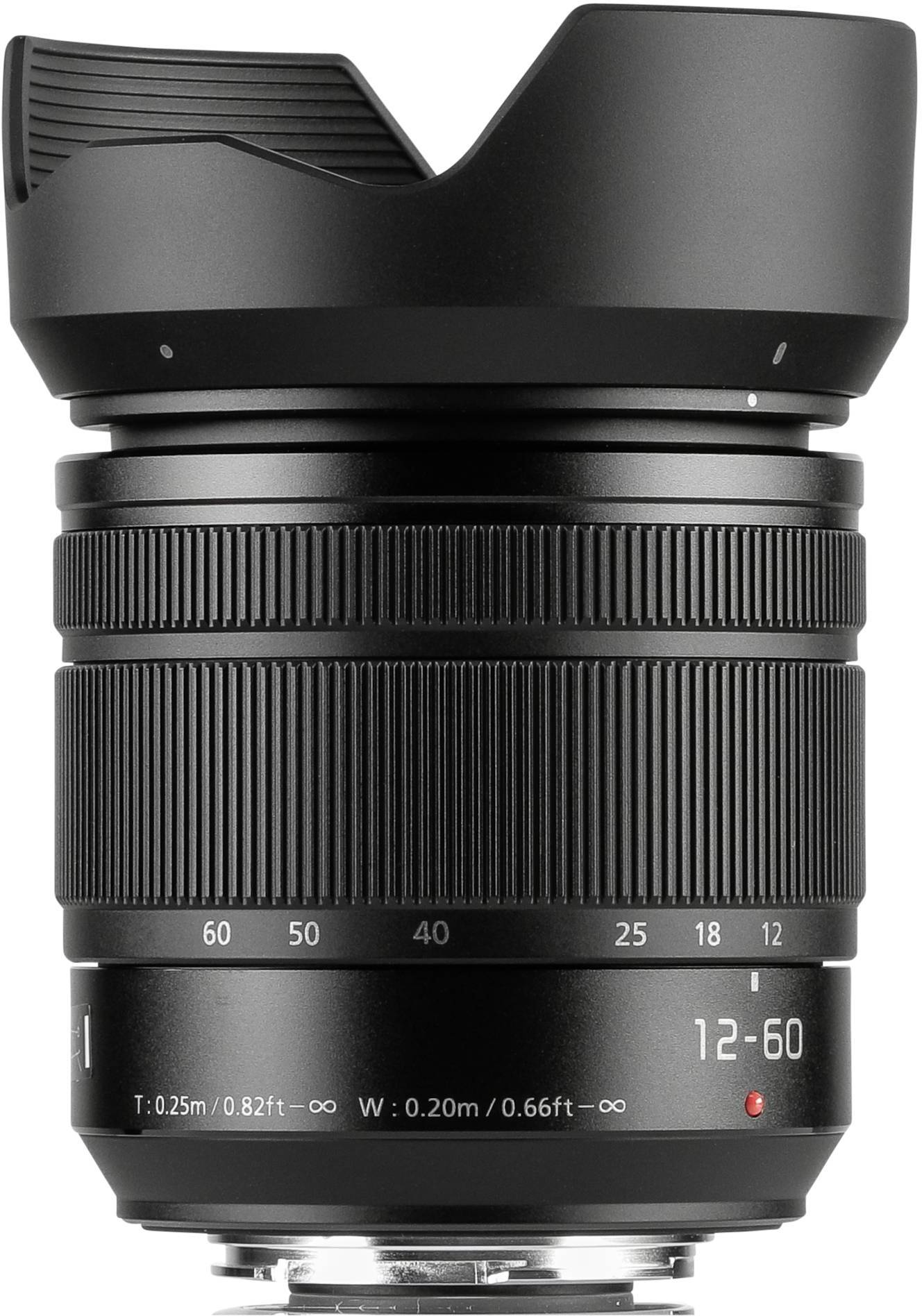 Ein schwarzes Kameraobjektiv mit einer Brennweite von 12-60 mm und Blende f/2.8-4. Es hat eine Nahfokusdistanz von 0,2 Metern.