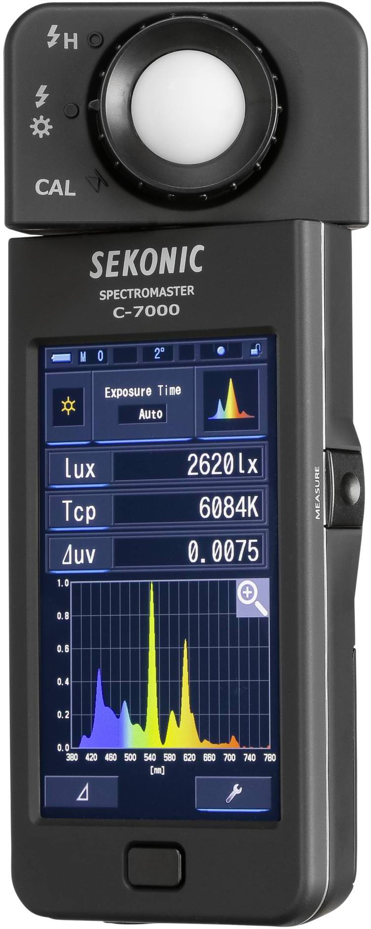 Ein tragbares Spektrometer zeigt auf dem Display Messwerte: 2620 Lux, 6084 Kelvin, Δuv 0.0075 und ein Balkendiagramm mit Lichtspektren.