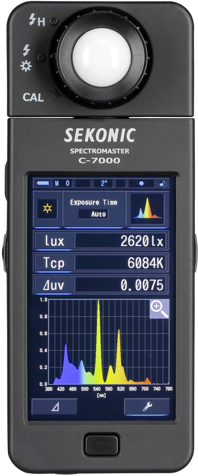 Ein tragbares Spektrometer mit digitalem Display zeigt Messwerte: Lux 2620lx, Farbtemperatur 6084K, Farbveränderung Δuv 0.0075.