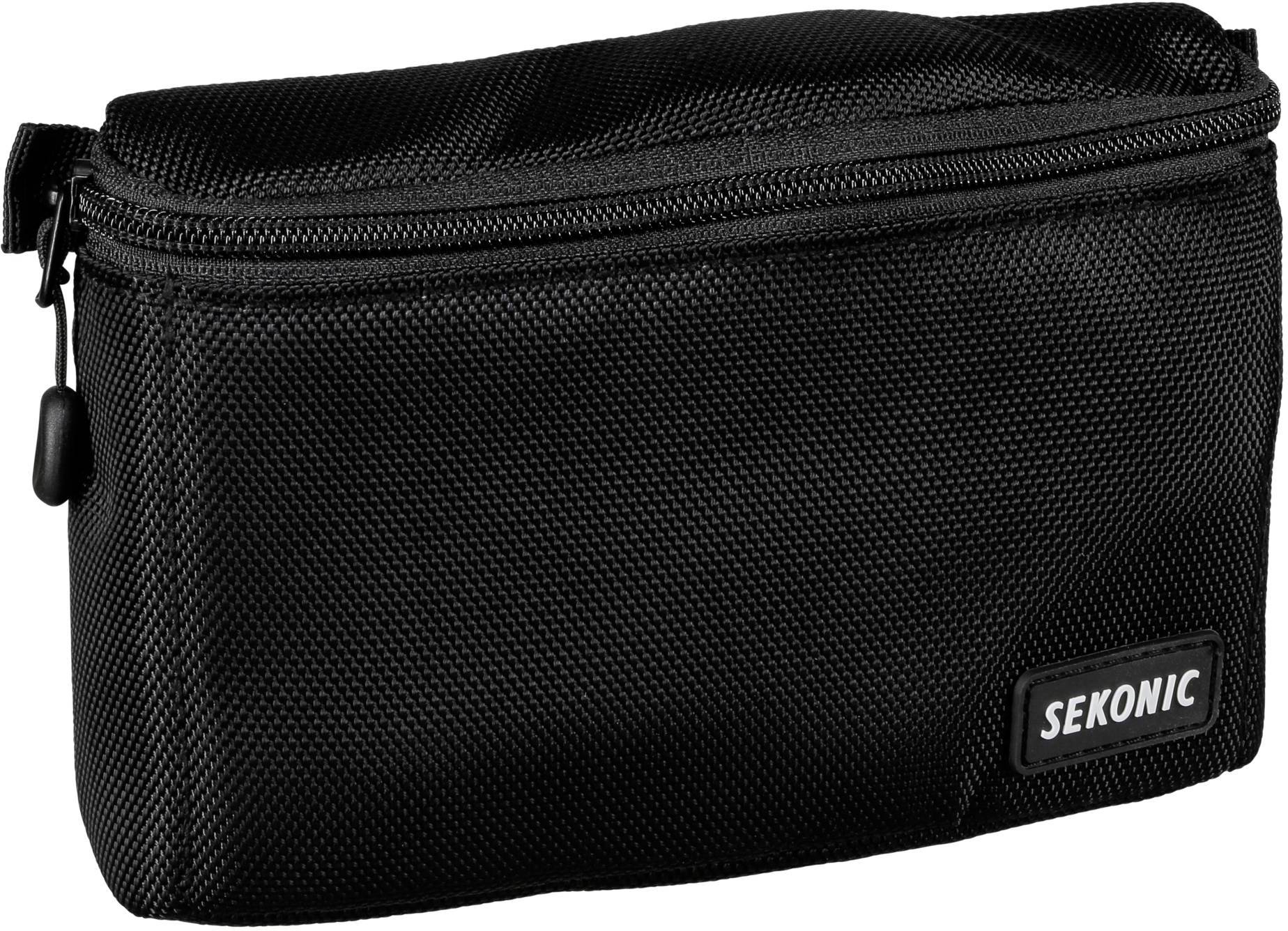 Schwarze Tasche mit Reißverschluss und 'SEKONIC'-Logo auf der Vorderseite.
