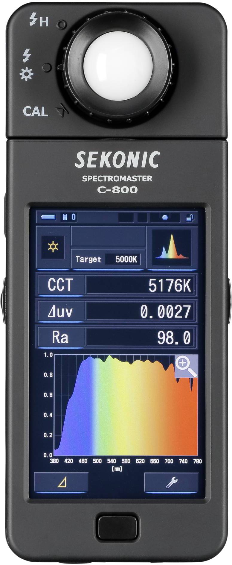 Handheld-Spektrometer mit Display: zeigt Farbspektrum, Farbtontemperatur von 5176K und CRI von 98. Ideal für Lichtmessungen.