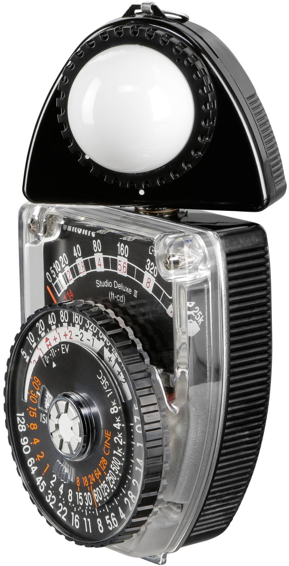 Ein handgehaltener Belichtungsmesser mit schwarzem Gehäuse und runden Skalen zur Lichtmessung bei der Fotografie.