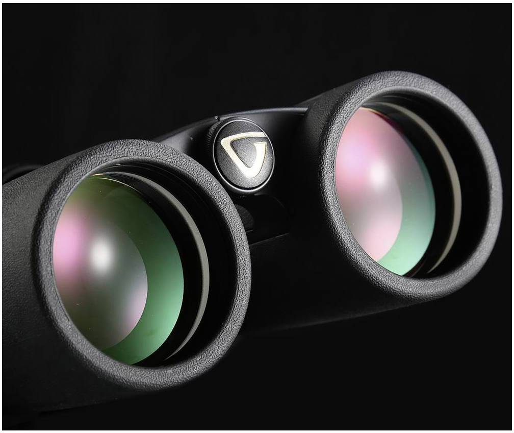 Ein Fernglas mit schwarzem Gehäuse. Die Linsen spiegeln in Rosa und Grün.