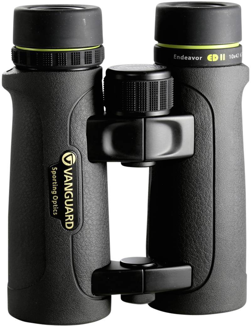 Fernglas mit der Aufschrift 'Vanguard Sporting Optics Endeavor ED II 10x42', schwarz, mit grünen Akzenten.