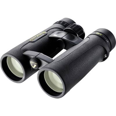 Ein schwarzes Fernglas mit gummierter Oberfläche und ergonomischen Griffen, auf einem weißen Hintergrund abgebildet.