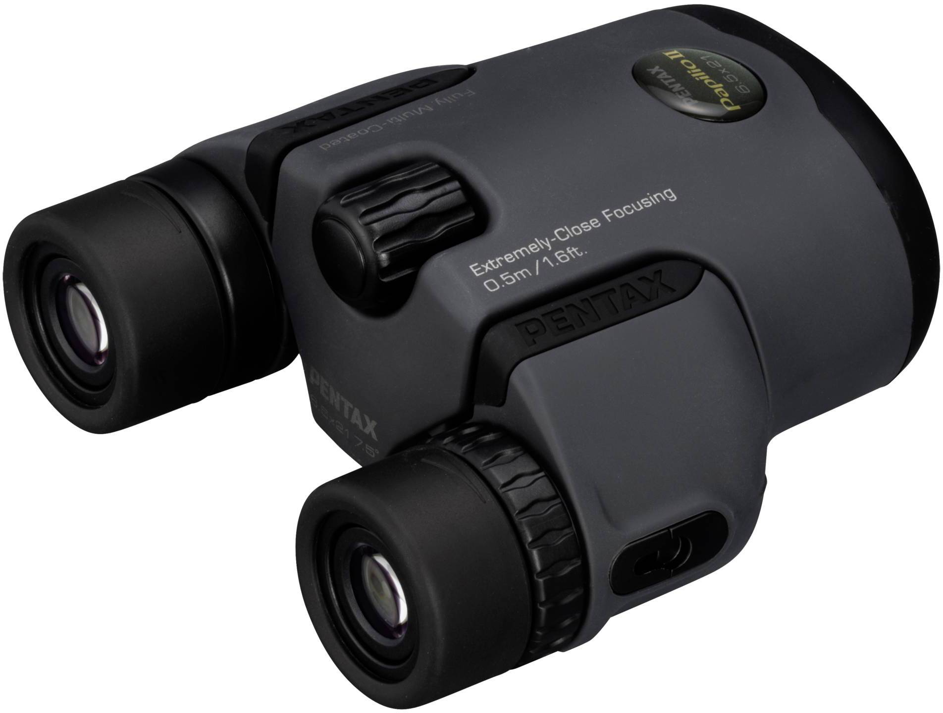 Ein kompaktes, schwarzes Fernglas mit Drehfokus, geeignet für Nahaufnahmen.