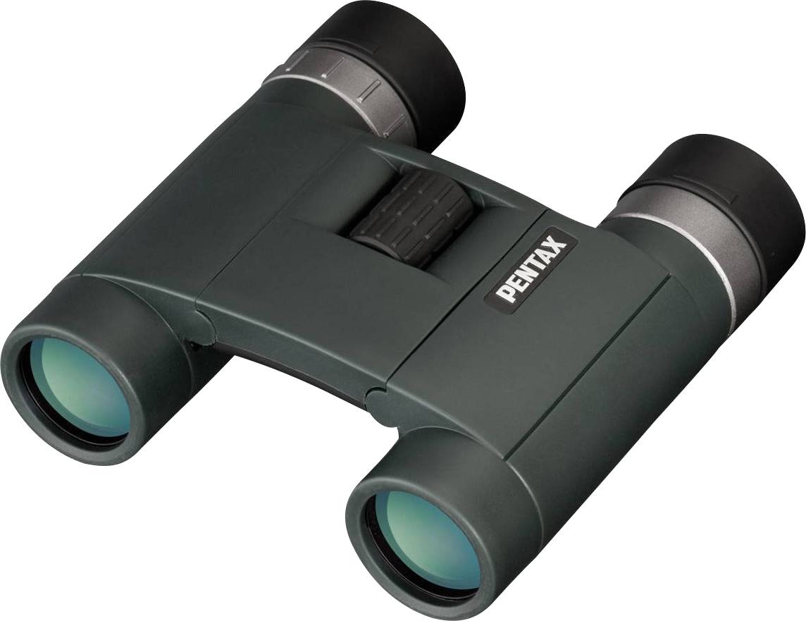 Kompaktes Fernglas, dunkelgrün mit schwarzem Griff, auf weißem Hintergrund. Geeignet für Outdoor-Aktivitäten und Vogelbeobachtung.