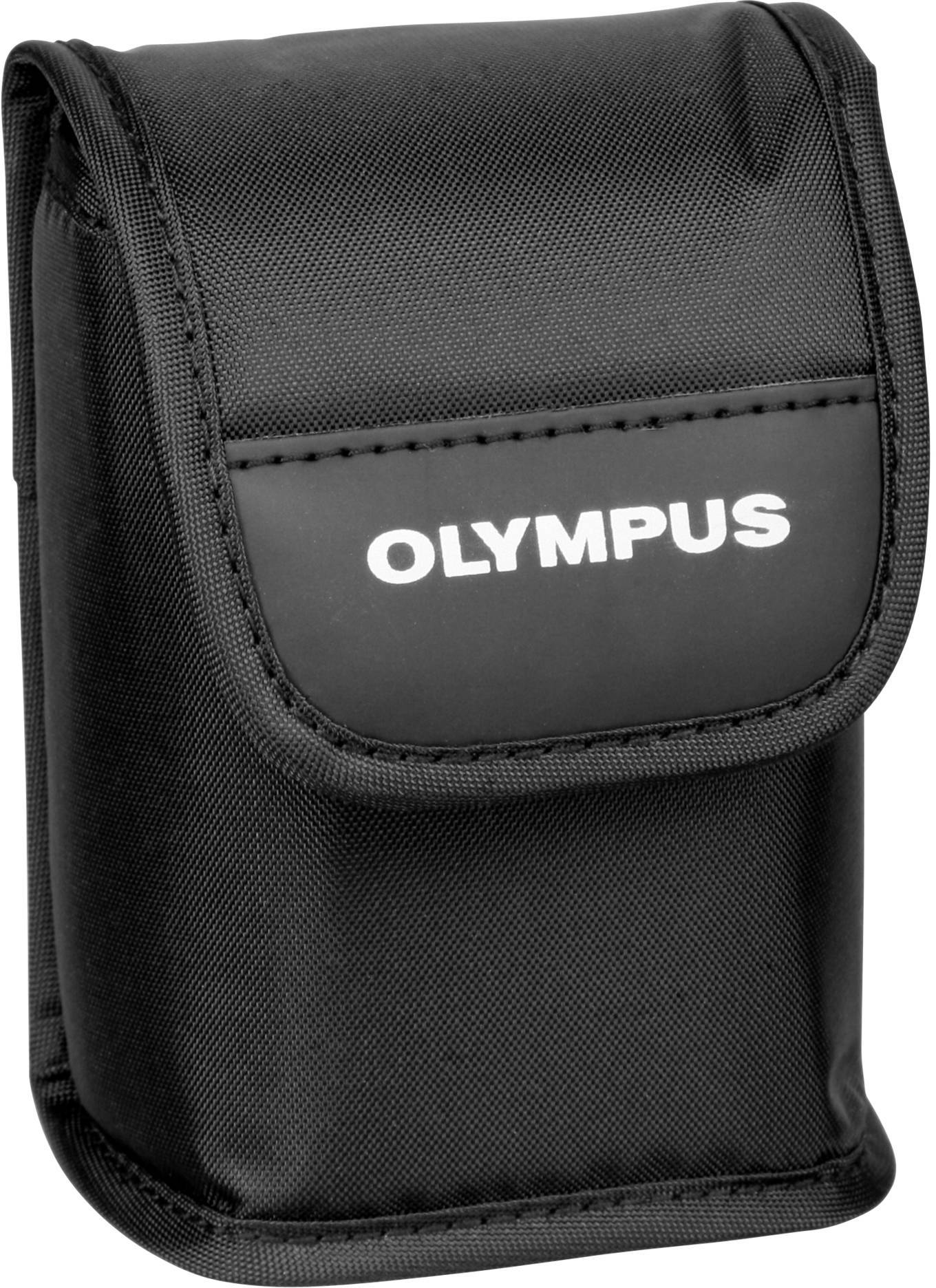 Eine schwarze Kameratasche mit weißem 'OLYMPUS'-Logo auf der Klappe, aus textilen Material, für den Schutz und Transport von Kameras.
