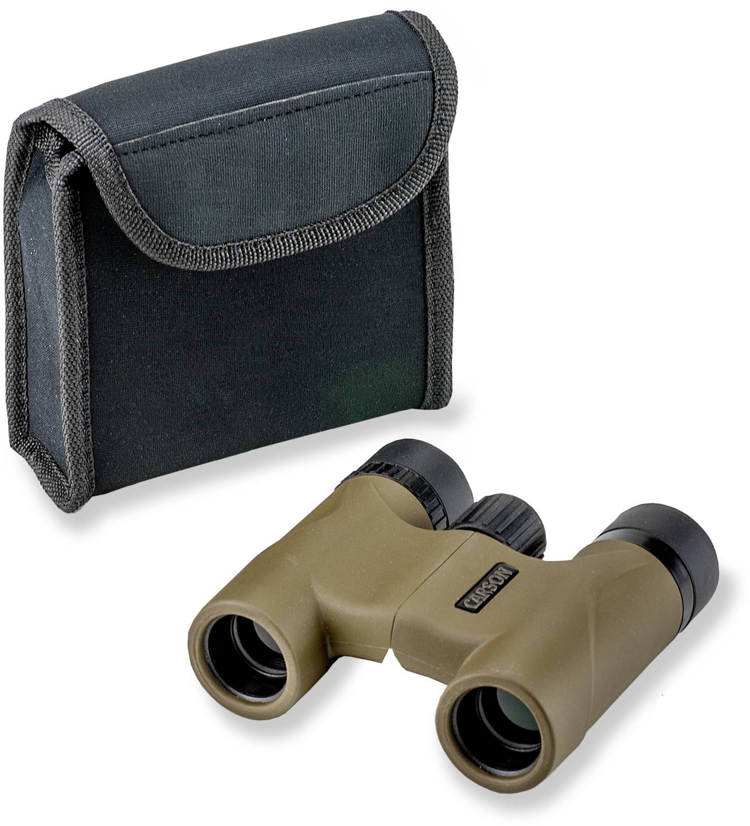 Fernglas in olivgrün mit schwarzem Etui. Kompakt und tragbar, geeignet für Outdoor-Aktivitäten wie Vogelbeobachtung oder Wandern.