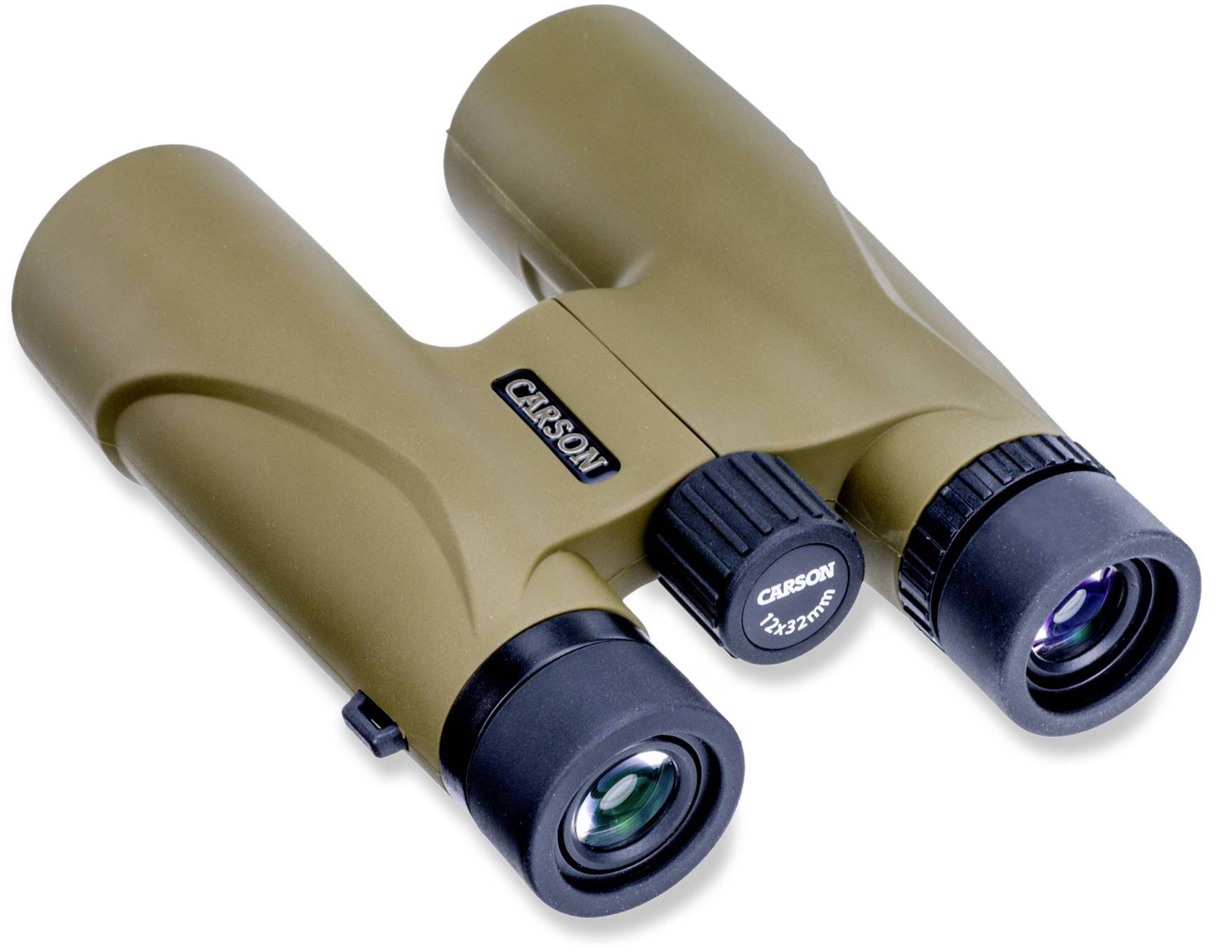Ein olivgrünes Fernglas mit schwarzem Fokussierknopf und der Aufschrift 'Carson' auf dem Gehäuse.