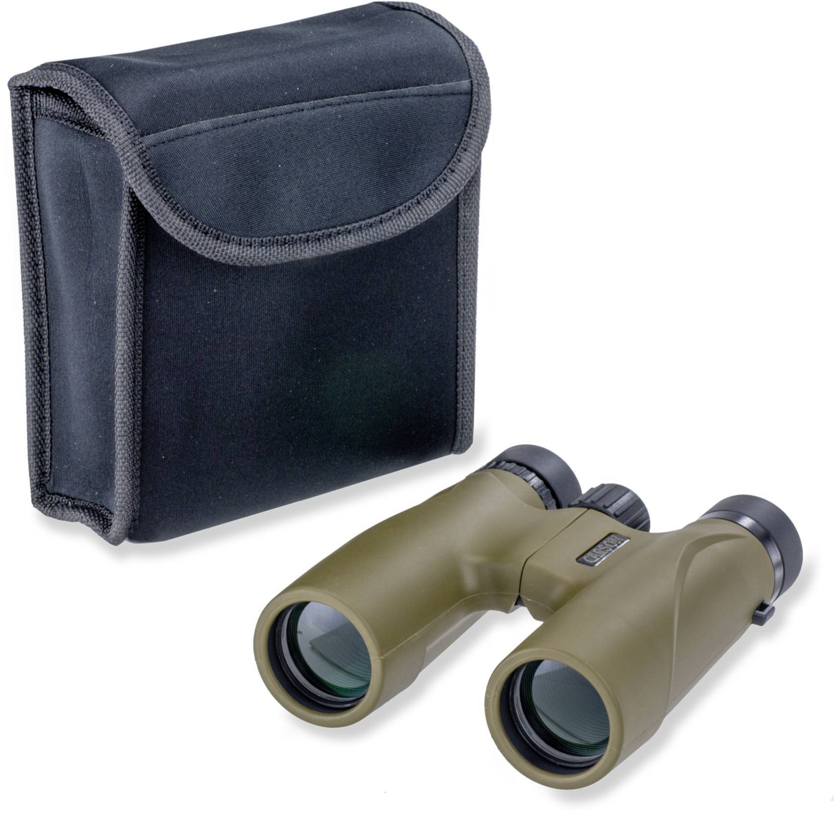 Fernglas mit olivgrünem Gehäuse neben einer schwarzen Stofftasche. Ideal für Outdoor-Aktivitäten und Vogelbeobachtung.