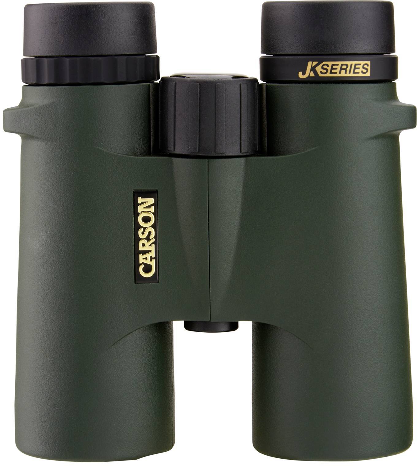 Fernglas in dunkelgrün mit schwarzem Mittelfokusrad, Marke 'Carson', Modell 'JK Series'.
