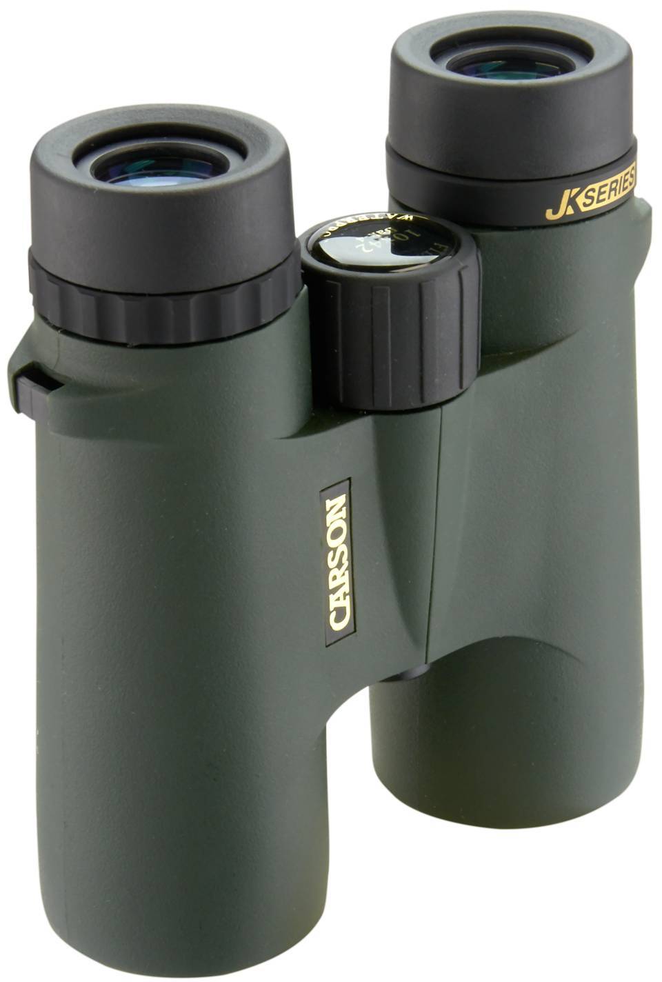 Fernglas mit grüner Beschichtung, schwarzer Einstellungsregler zwischen den Linsen, ideal für Naturbeobachtung und Reisen.