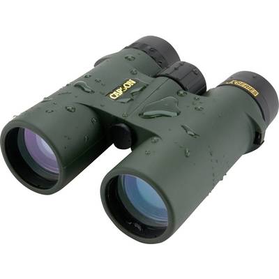 Grünes Fernglas mit Wassertröpfchen auf der Oberfläche, zeigt Wetterbeständigkeit. Ideal für Outdoor-Aktivitäten bei nassem Wetter.