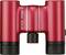 Rotes Fernglas der Marke "Nikon Aculon" mit schwarzer Fokussiereinheit und Okularen, auf weißem Hintergrund abgebildet.