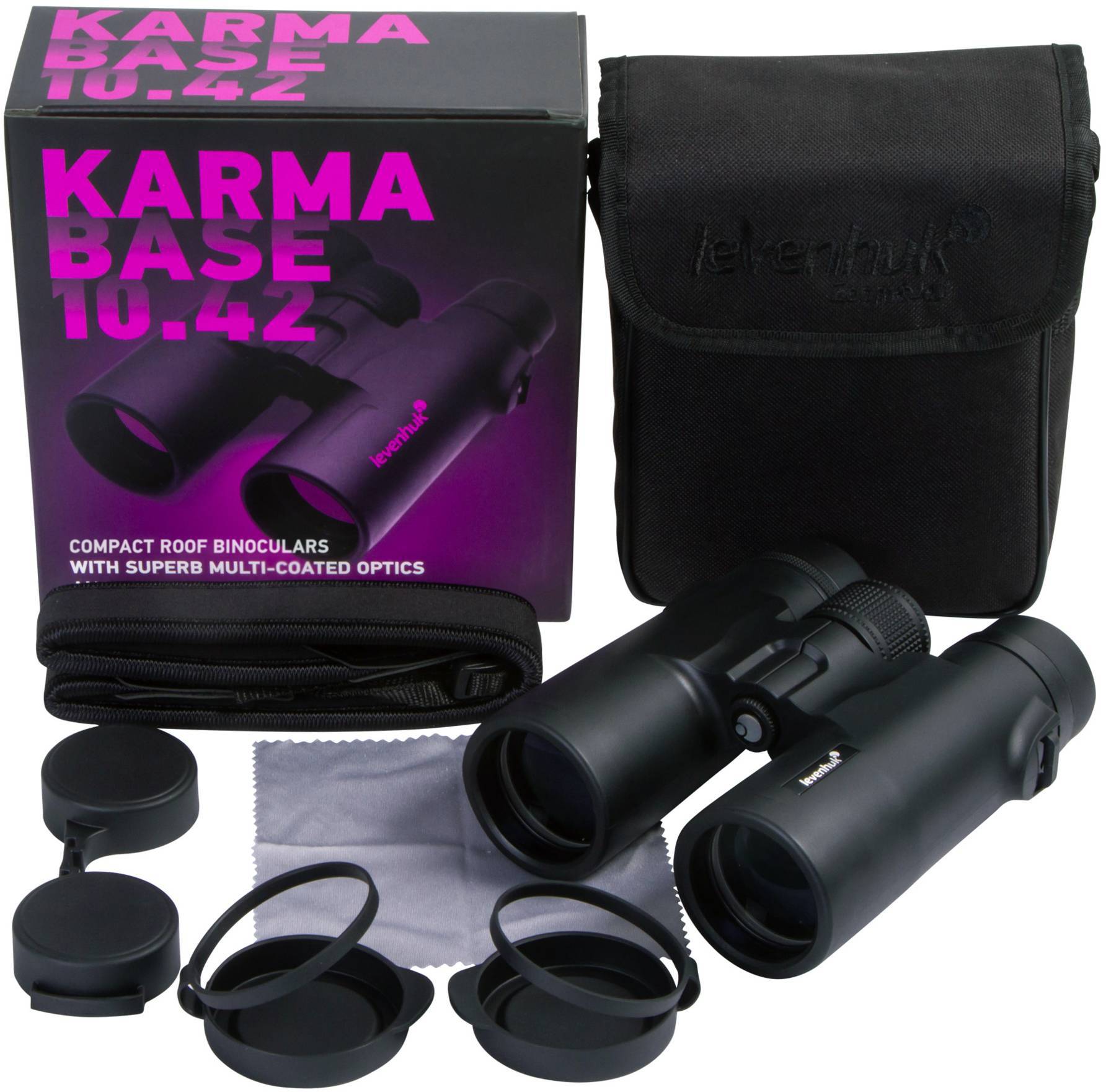 Fernglas-Set mit schwarzem Fernglas, 'Karma Base 10x42' Verpackung, Tragetasche, Linsenabdeckungen und Reinigungstuch.