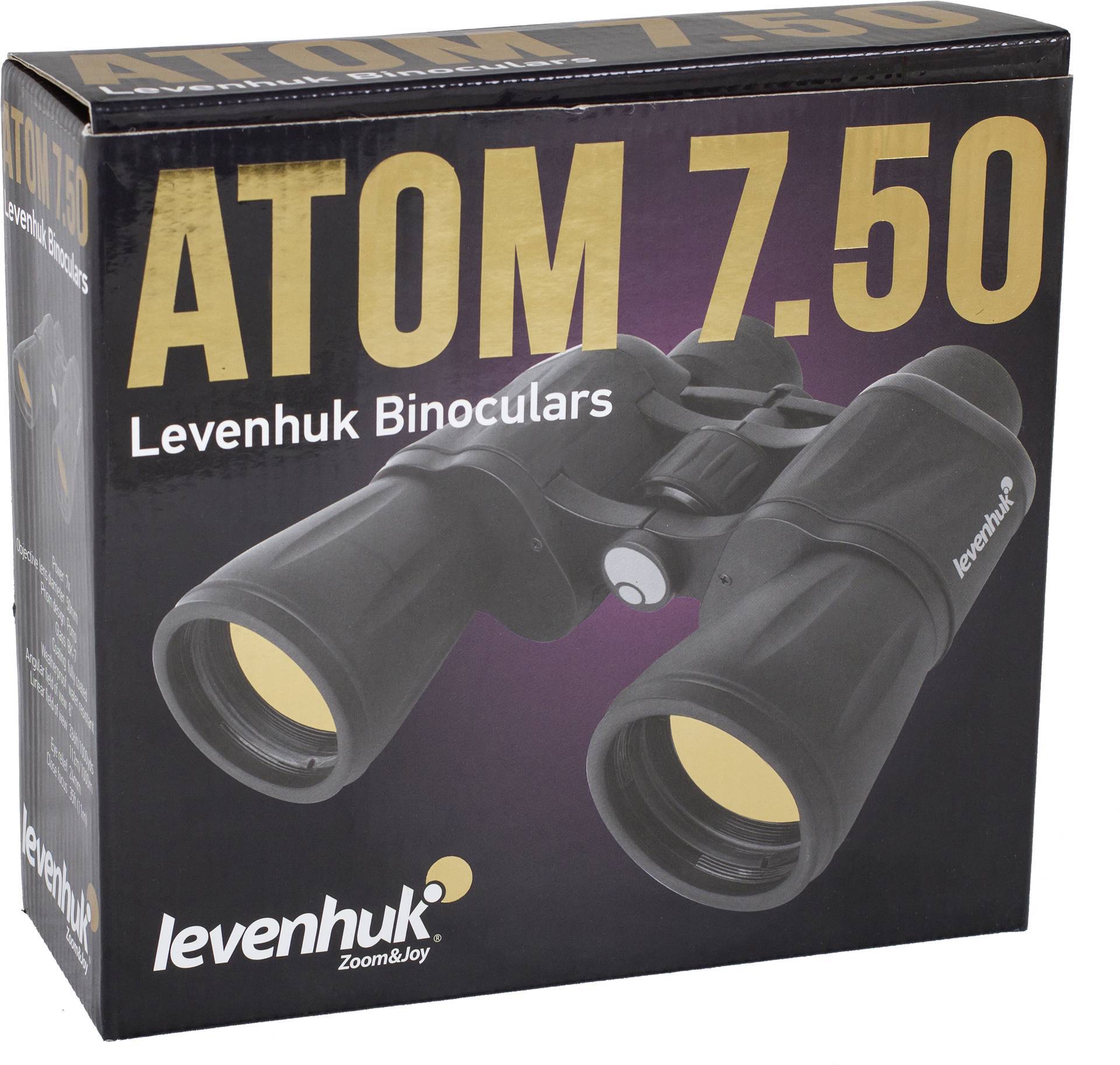 Fernglas mit der Aufschrift 'ATOM 7.50 Levenhuk Binoculars' auf der Verpackung. Das Bild zeigt ein Fernglas auf schwarzem Hintergrund.