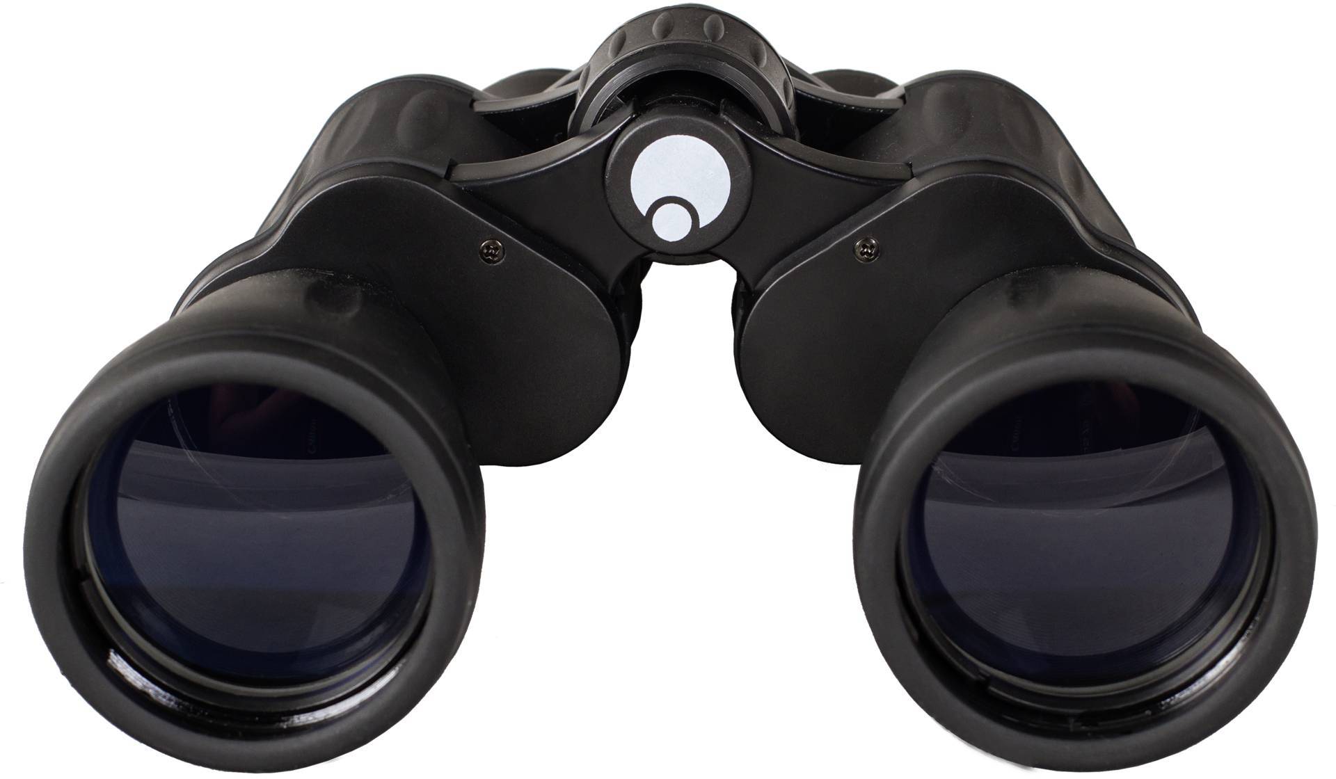 Ein schwarzes Fernglas, frontal ausgerichtet, ist zu sehen. Es symbolisiert Seh- oder Entdeckungsaktivitäten.
