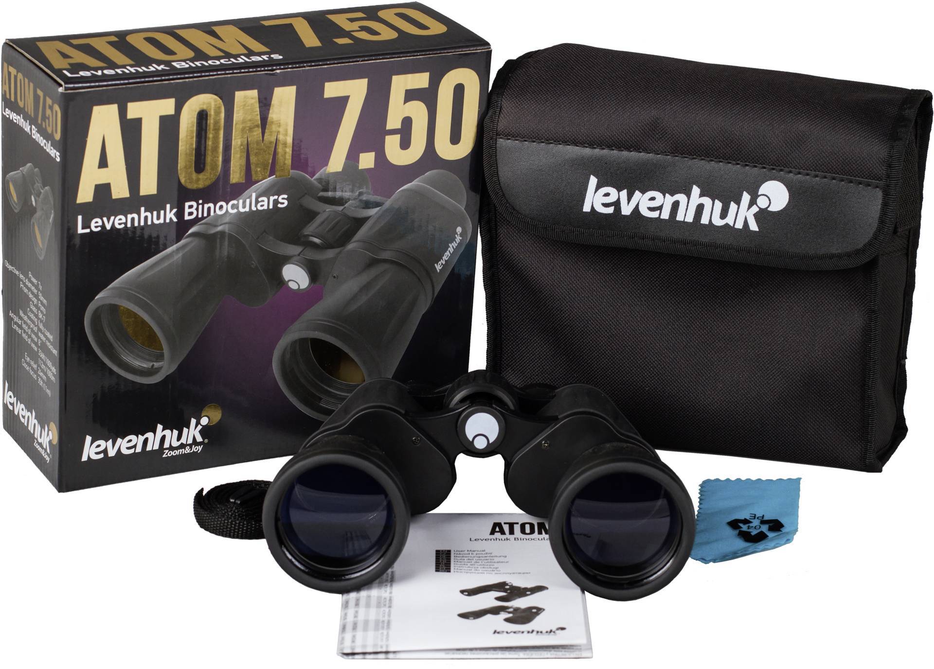 Fernglas mit Tasche, Kartonverpackung und Reinigungstuch. Markenname 'Levenhuk' auf Tasche und Verpackung.